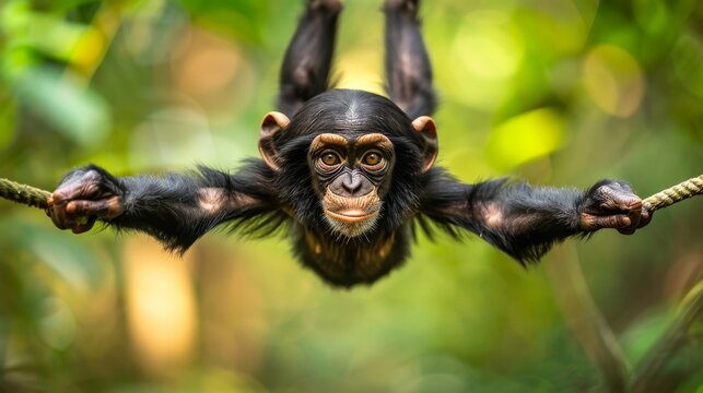  A monkey dangles from a rope amidst a dense forest landscape
