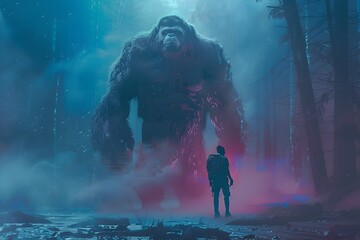 Occult Detective Confronts Mythical Bigfoot in Post-Apocalyptic Cyberpunk Landscape - obrazy, fototapety, plakaty