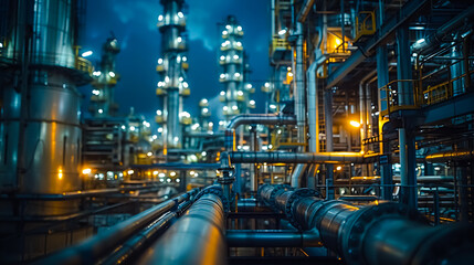 Oil​ refinery​.​ plant and tower column of petrochemistry industry in oil​ and​ gas​ ​industrial at night