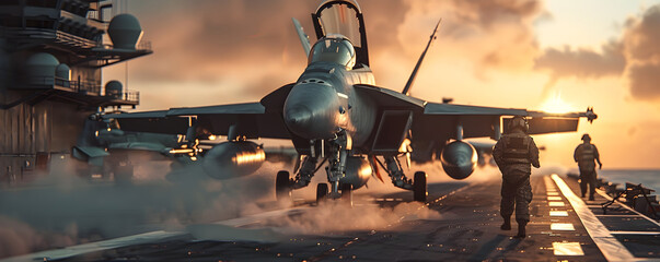 Early Morning Readiness: Aircraft Carrier Deck and Jets in High Definition - obrazy, fototapety, plakaty