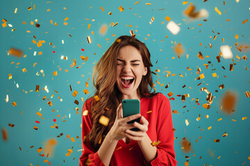 Celebrating Success: Woman with Mobile Phone Surrounded by Gold Confetti