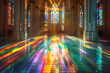 : A stained glass entrance in a cathedral, reflecting rainbow patterns and echoing sounds - obrazy, fototapety, plakaty
