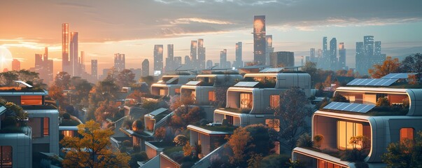 A Futuristic Skyline of Smart Homes with Sleek Solar Rooftops Powering Sustainable Urban Landscapes of the Future - obrazy, fototapety, plakaty