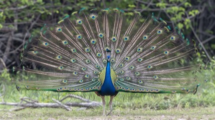 Obraz premium A peacock displays feathers in front of the camera amidst trees in a grassy background