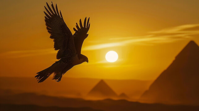 Silhouette of a falcon flying high in egypt in the golden hour
