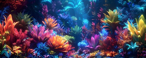 Fototapeta na wymiar Captivating Digital Neon Jungle Scene with Radiant Floral Patterns and Ethereal Underwater Textures