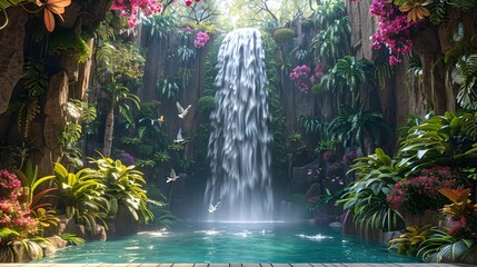 Ethereal Waterfall Cascading into the Hidden Garden of Eden Amid Vibrant Tropical Foliage and...