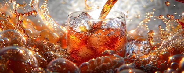Captivating Splash of Effervescent Cola Pouring into an Ice Filled Glass Showcasing a Vibrant and Dynamic Liquid Texture - obrazy, fototapety, plakaty