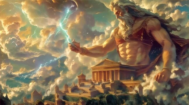 Zeus at Mount Olympus with thunder lightning in his hand