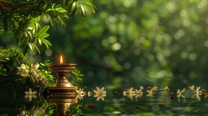 Elements of the Vishu festival, including a traditional brass lamp (Nilavilakku) and a mirror, set against a lush green background symbolize the richness and depth of Kerala's cultural traditions. - obrazy, fototapety, plakaty