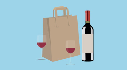 Vector Isolated Illustration of a Paper Bag, a Bottle of Wine and a Cup of Wine
