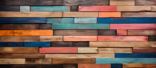 A detailed closeup of a symmetrical arrangement of colorful rectangular wooden panels on a wall, showcasing the artistic use of wood as a building material
