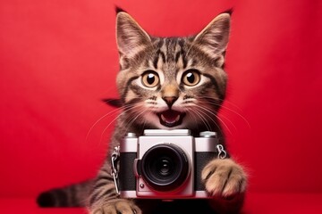 A cat holding a black photo camera. Red background. Isolated. Photographer concept. - 771720448