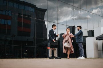 Fototapeta premium Three professional colleagues are engaged in a passionate discussion about business strategies and teamwork, with a corporate building backdrop.