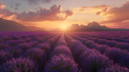 A stunning sunset over a purple lavender field with snow-capped mountains in the background,...