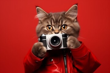 A cat in red leather jacket with a black camera in his hands. Red background. Isolated. The concept of the photographer. - 771720672
