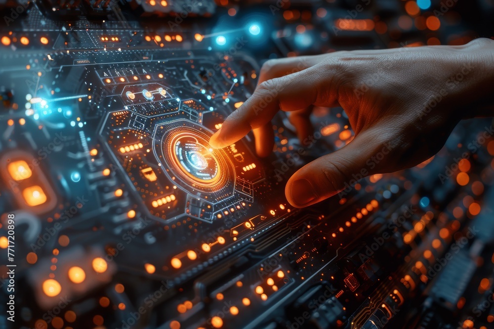 Poster a conceptual image of a human hand interacting with advanced technology, symbolizing human-computer 