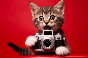 A cat holding a black photo camera. Red background. Isolated. Photographer concept. - 771720865