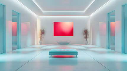 A tranquil white room accentuated by bursts of vibrant crimson and teal, creating a dynamic and visually stimulating atmosphere within the pristine space