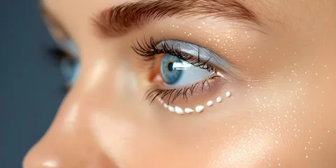 Foto op Canvas Young woman using eye cream to alleviate puffiness from stress and aging. Concept Skincare Routine, Eye Cream, Stress Relief, Anti-aging, Health and Beauty © Anastasiia