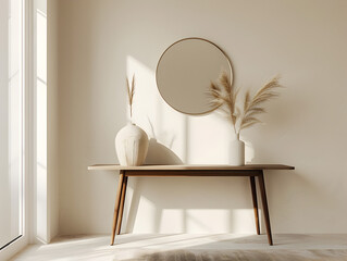 A serene, minimalist interior featuring a wooden table, decorative vase and round mirror cast in soft light