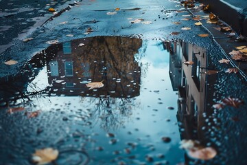 : A still puddle on a rainy day, reflecting the world upside-down in miniature
