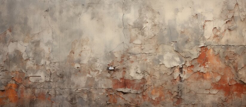 A detailed closeup of a deteriorating concrete wall with peeling paint, showcasing a mix of urban decay and raw texture