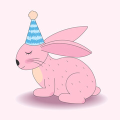 Vector illustration of a cute pink bunny with a cap