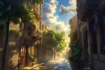 : A street in the city, with sunlight and shadows changing as clouds pass overhead - obrazy, fototapety, plakaty