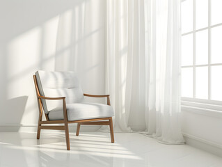 A modern chair with white upholstery is illuminated by sunlight filtering through floor-to-ceiling translucent curtains
