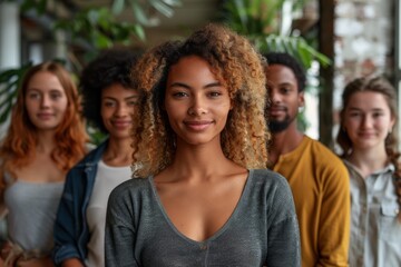 Five cheerful young adults posing for a group portrait displaying diversity and inclusion
