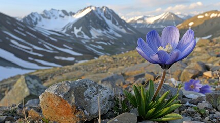  A photo captures a flower on a rocky mountaintop, surrounded by snow-capped peaks