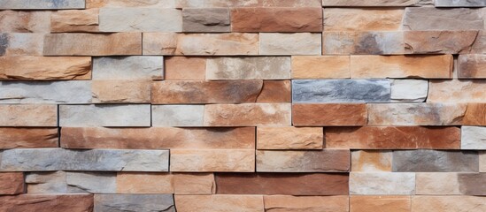 A closeup of a brown brick wall with a rectangular brick pattern. The building material is a composite of wood and beige hardwood flooring