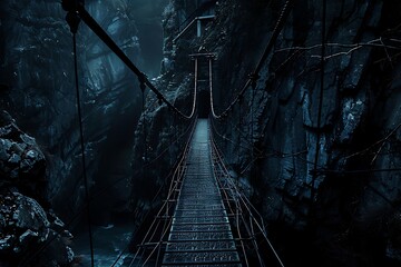 : A suspension bridge over a deep gorge with contrast between the brightly lit bridge and the dark...
