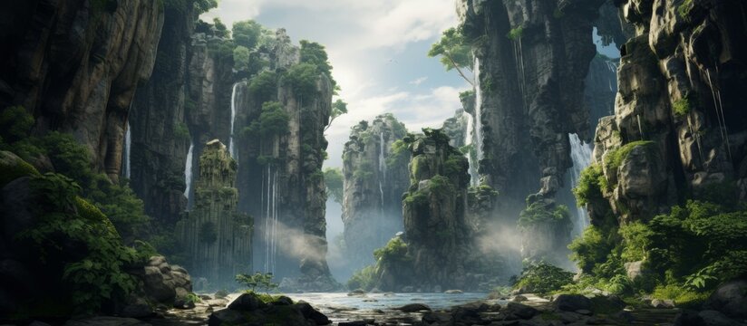 A stunning waterfall within a lush forest, encircled by towering mountains. The sky above is painted with fluffy clouds, creating a mesmerizing natural landscape