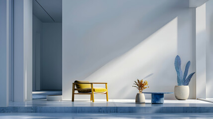 A tranquil white space accentuated by bursts of vivid indigo and marigold, imbuing the minimalist room with a sense of dynamic energy - obrazy, fototapety, plakaty