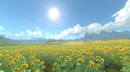Obraz premium A sunflower field stretching as far as the eye can see, framed by azure skies and towering mountains