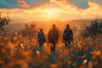A group of hikers is walking through a field of tall grasses illuminated by the warm light of a setting sun