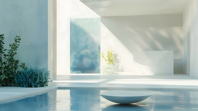 A tranquil white space enlivened by bursts of vivid jade and indigo, creating a dynamic and visually stimulating atmosphere within the minimalist sanctuary