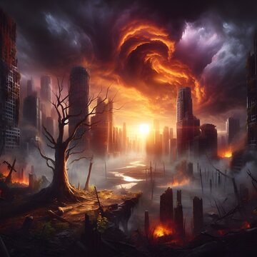 a dramatic end-of-world scene with an apocalyptic landscape under a tumultuous sky
