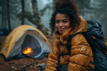 A woman camouflages in a rainy forest with a tent and campfire - Powered by Adobe