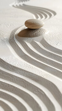 Close-up image of a single smooth stone centered in a traditional Zen garden with symmetrically rippled sand pattern