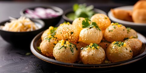 A plate of traditional Indian street food Pani Puri also known as Golgappe or Batashe a popular chaat snack. Concept Food Photography, Indian Street Food, Pani Puri, Culinary Delight