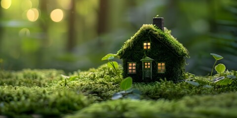 Fototapeta na wymiar Family Real Estate and Eco-Friendly Living: A Mossy Green Toy House in a Forest Setting. Concept Real Estate, Green Living, Eco-Friendly, Family, Mossy Green Toy House