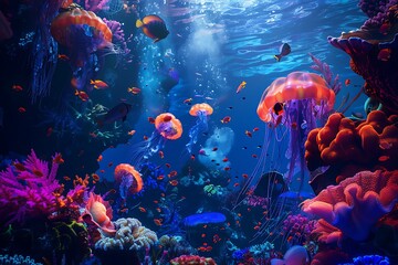 : A vibrant coral reef teeming with colorful fish, bioluminescent jellyfish pulsing in the deep blue.