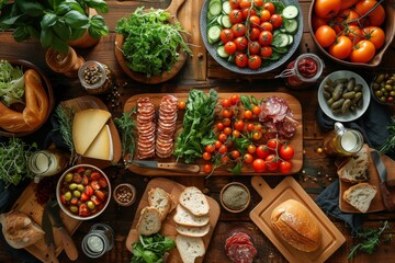 An inviting display of Mediterranean cuisine with vegetables, meats, and bread, laid out for a feast - obrazy, fototapety, plakaty