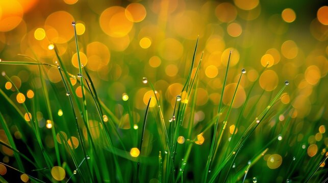  A high-resolution image of a dewy grass blade, with water droplets clearly visible atop The surrounding area is slightly out of focus to create a dreamy bokeh