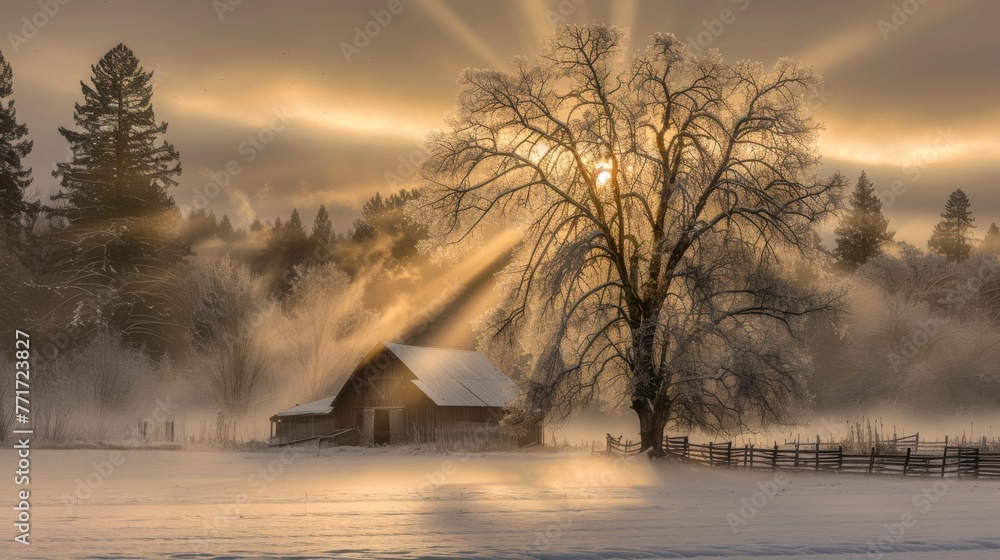 Sticker  A picture of a snow-covered land featuring a farm, a tree, and the sun illuminating through clouds above