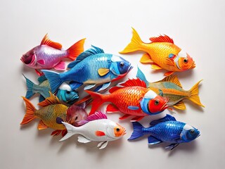 Many colorful fish, two large-sized fish, with a white background.