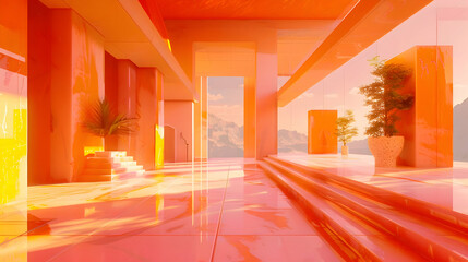 An immaculate room punctuated by bursts of vivid oranges and pinks, infusing the space with a sense of lively dynamism - obrazy, fototapety, plakaty
